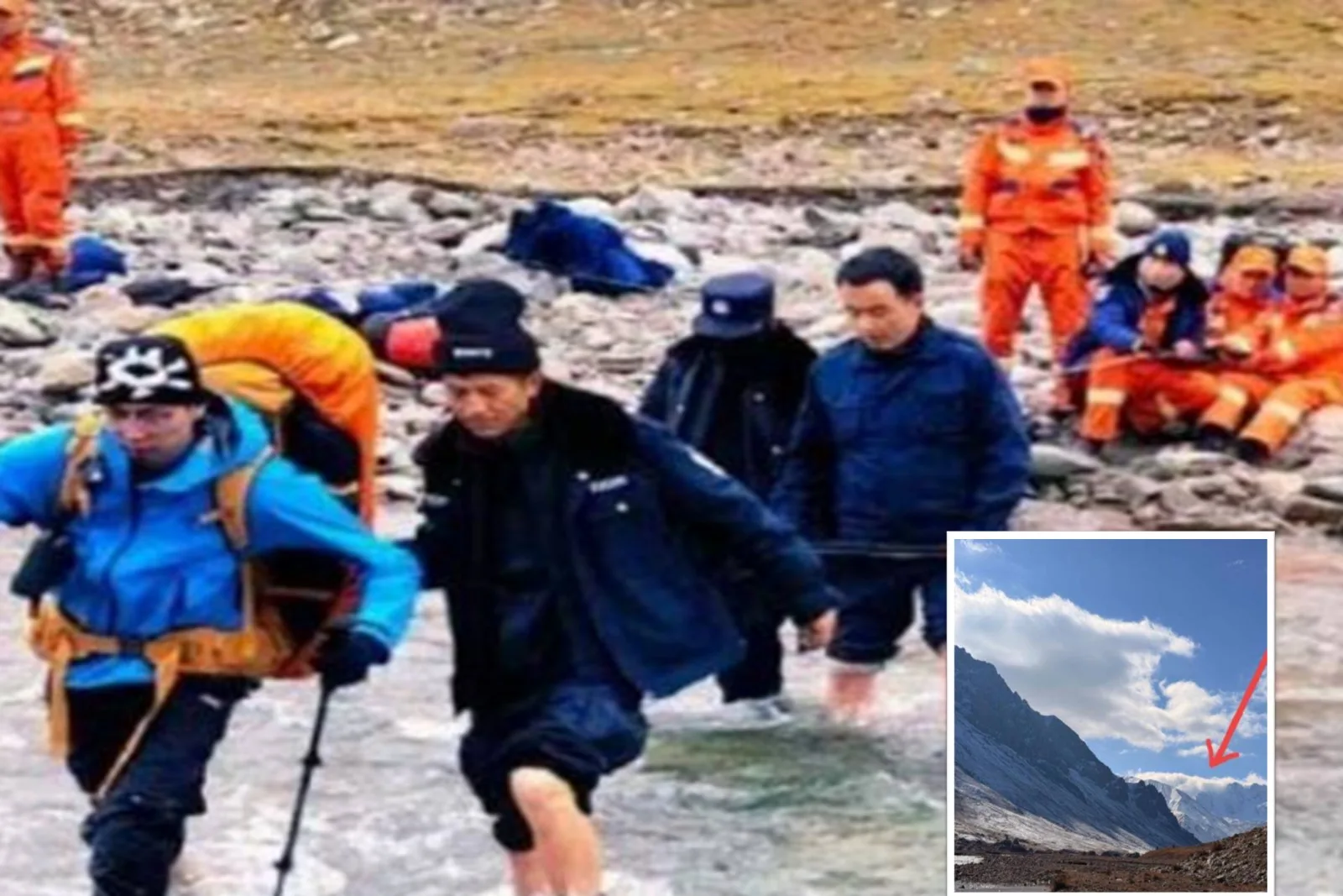 計畫穿越祁連山的登山客突遭暴雪，受困於海拔超過4,000 公尺的青海老虎溝（小圖）。當局出動人力展開搜救（大圖）。（微博擷圖）