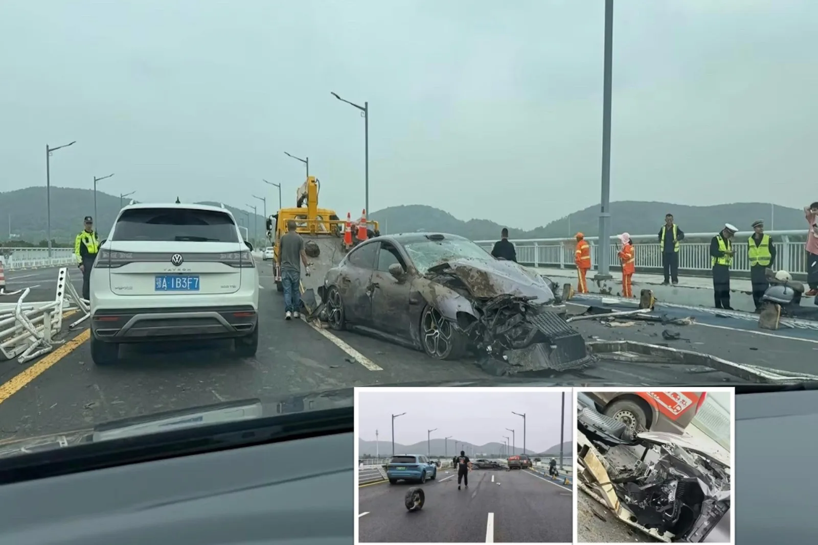 10月17日，湖北武漢一輛小米SU7失控撞欄，造成左前輪車軸斷裂、車輪脫落。（微博擷圖合成）