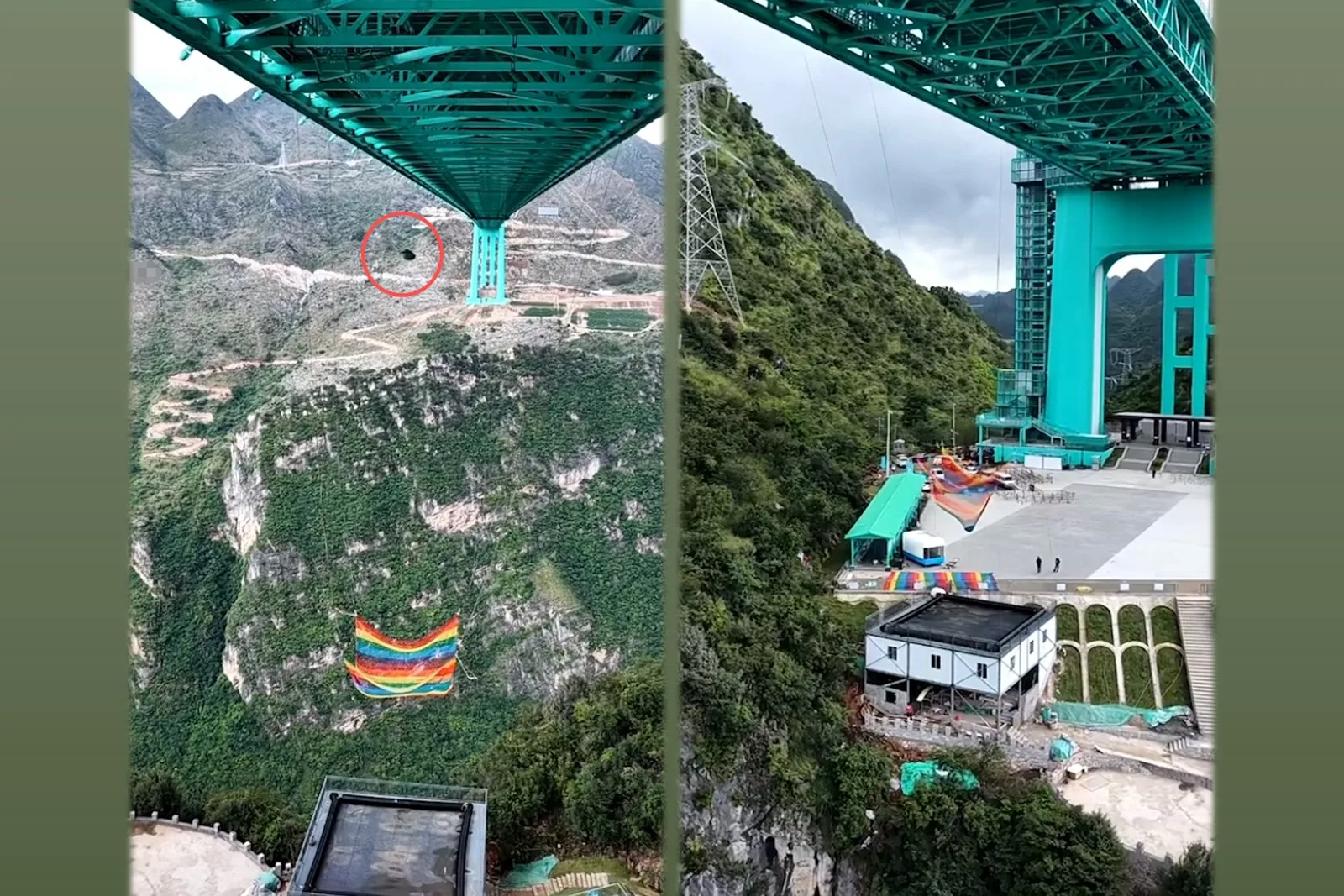 貴州黔西南花江峽谷大橋景區「無繩蹦極」項目。（影片擷圖）
