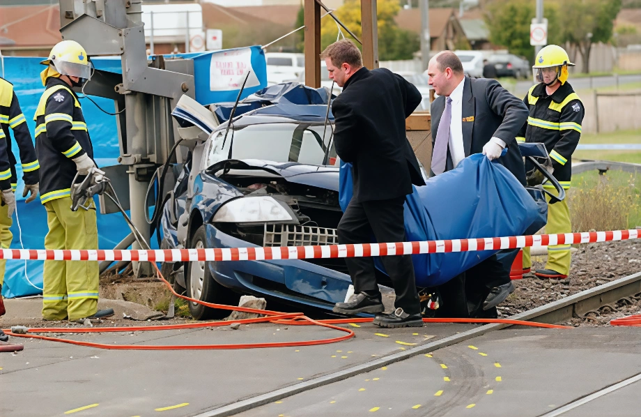 在墨爾本北郊，一輛被火車撞擊的汽車。 (Photo credit should read WILLIAM WEST/AFP via Getty Images)