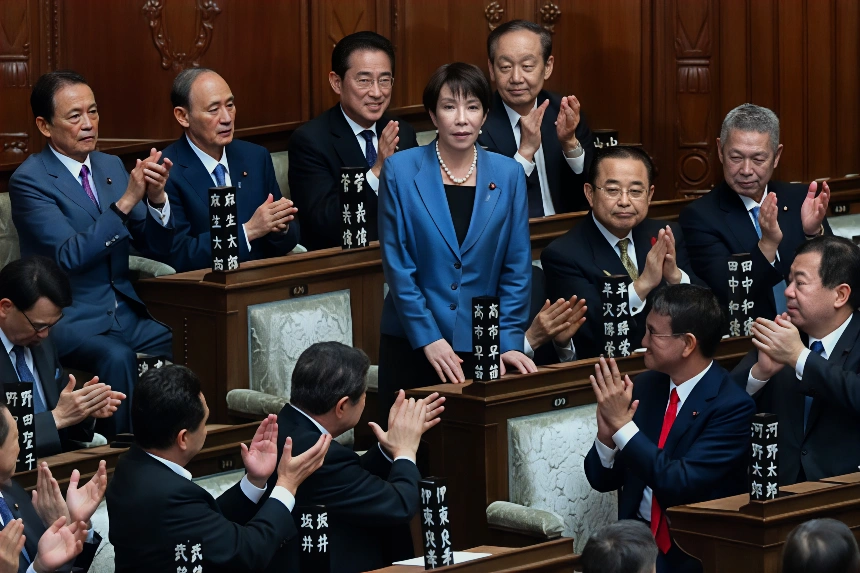 2025年10月21日，自民党总裁高市早苗在日本东京国会众议院当选为新任首相后，受到议员们的热烈欢迎。(Photo by Tomohiro Ohsumi/Getty Images)