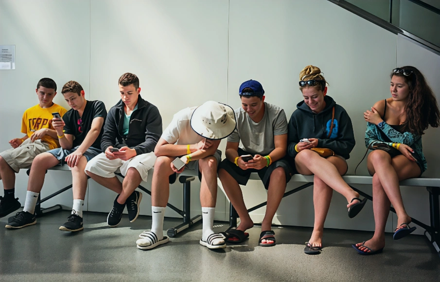示意图。青少年们正在查看他们的iPhone手机。(Photo by Robert Nickelsberg/Getty Images)