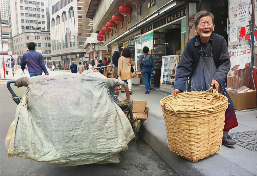 一位老妇人在香港街头捡垃圾。 (Photo by FREDERIC BROWN / AFP) (Photo by FREDERIC BROWN/AFP via Getty Images)