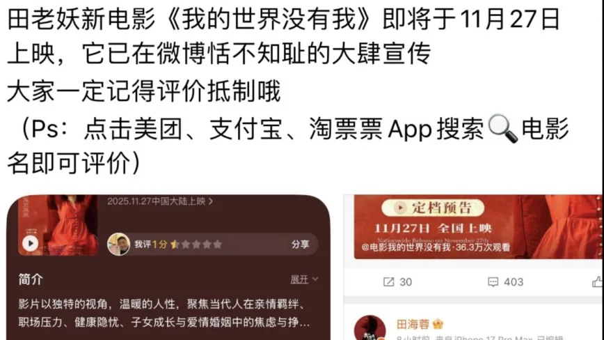 田海容執導主演的《我的世界沒有我》將於11月27日在中國上映，因其被指捲入于朦朧案，網民呼籲抵制該電影。（網路擷圖）