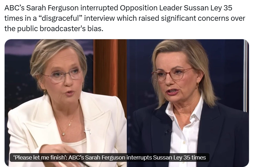 澳大利亚广播公司（ABC）主持人莎拉·弗格森（Sarah Ferguson）在关于可再生能源的采访中，35次打断反对党领袖苏珊·莱伊的话。（截图取自x.com/SkyNewsAust）