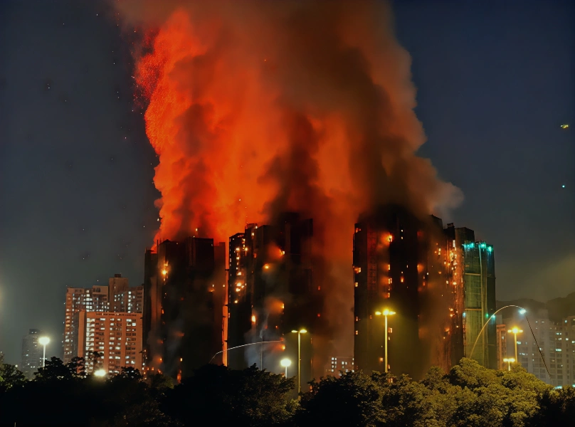 2025年11月26日，香港大埔区宏福苑多栋住宅楼发生火灾，浓烟烈焰升腾。(Photo by Yan ZHAO / AFP via Getty Images)
