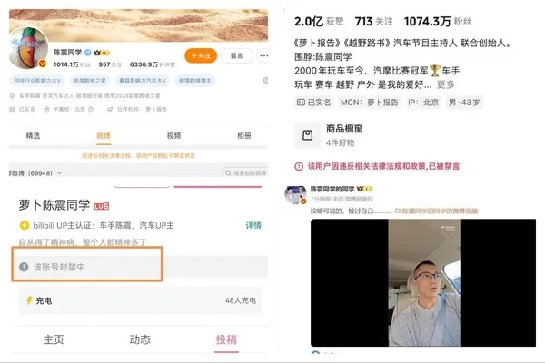 中國頭部車評人陳震2025年12月4日深夜被全網禁言。（網路擷圖）