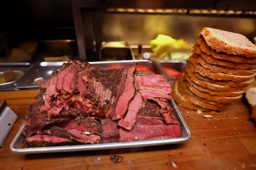 资料图：熟食餐厅里的熏牛肉和面包。 (Genaro Molina/Los Angeles Times via Getty Images)