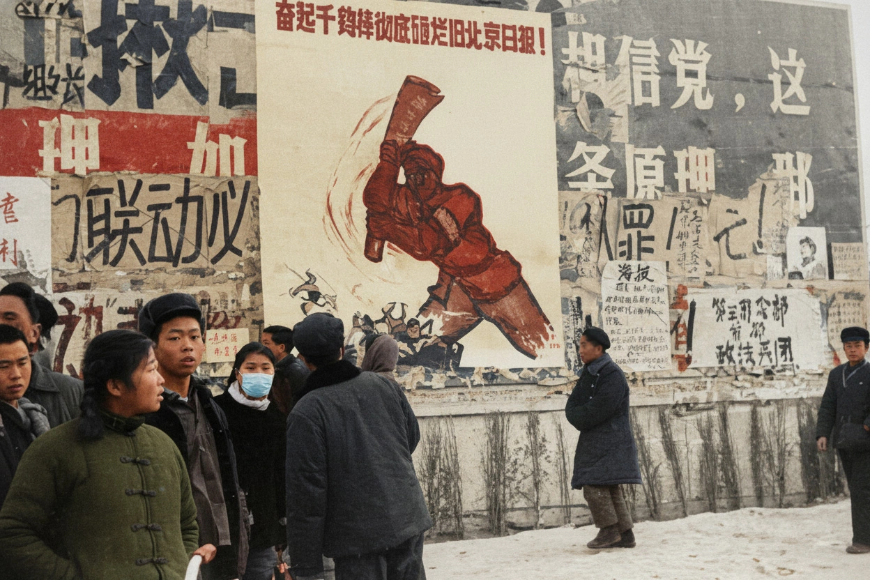 中國北京——1967年1月21日：在「無產階級文化大革命」期間，一群中國青年走過北京城郊的幾張大字報。(Photo credit should read JEAN VINCENT/AFP via Getty Images)
