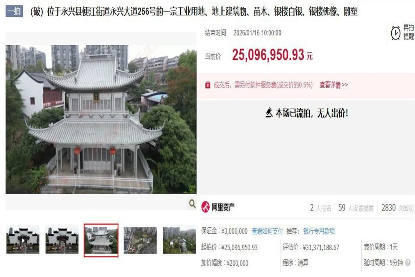 湖南郴州一座使用1.75噸純銀打造的標誌性建築「天下銀樓」，評估價值約1,204萬人民幣。（阿里法拍擷圖）
