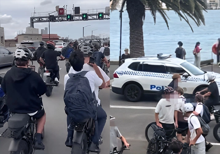 悉尼约40名电动自行车与机车骑士冲上海港大桥。(图片来源：提供)