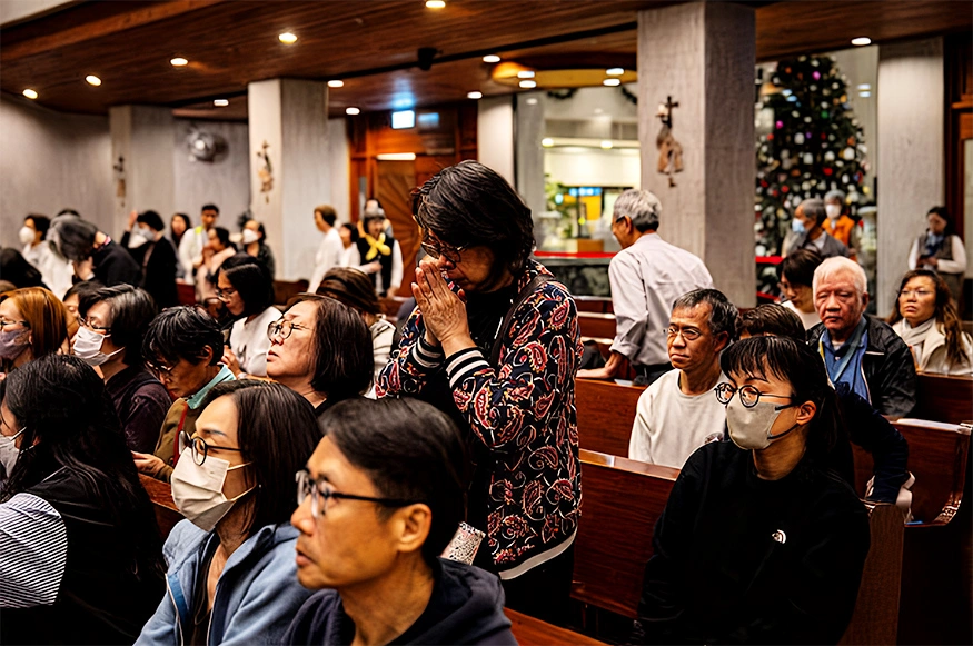 香港宏福苑大火听证会将于3.19展开。图为人们为大埔区宏福苑住宅区火灾的遇难者祈祷。(Photo by Leung Man Hei / AFP via Getty Images)
