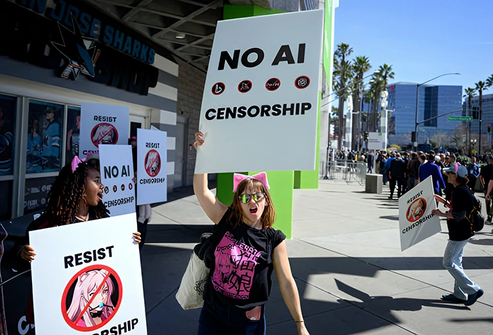 图为加州英伟达GTC人工智能大会抗议者。(Photo by JOSH EDELSON / AFP) (Photo by JOSH EDELSON/AFP via Getty Images)