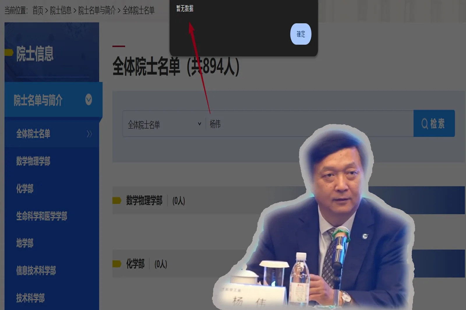 中國科學院院士的楊偉，其名字及簡歷已無法在中科院官網「全體院士名單」中檢索。（中國科學院官網擷圖、網路圖片）