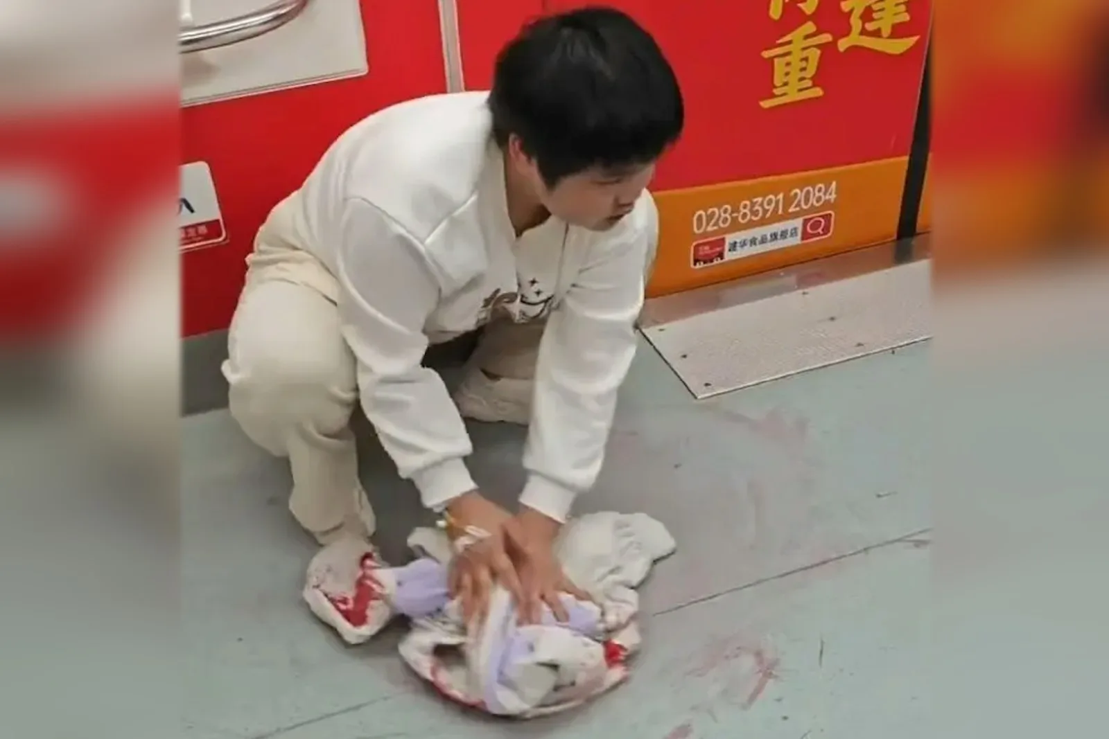 胡心瑤脫下自己的白色外套，用來擦拭其吐在地鐵車廂內的血漬。（網路圖片）