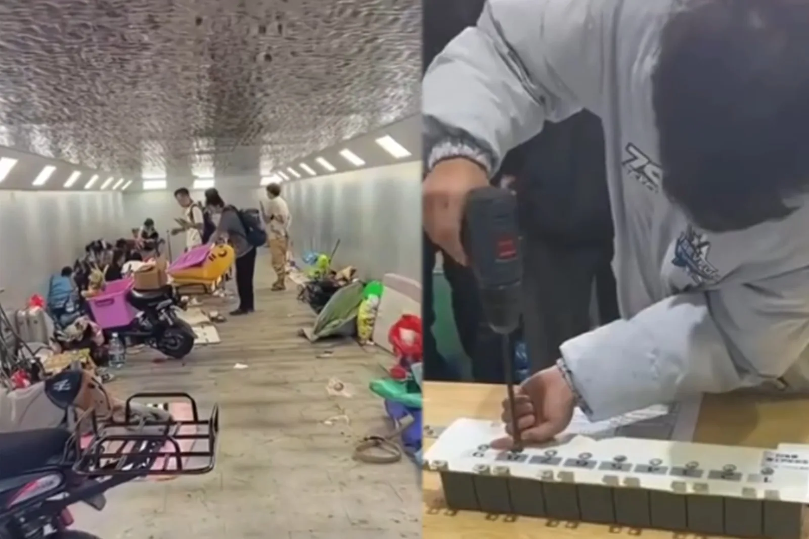 中國製造業面臨寒冬，有工廠在面試中加入體能測試（如深蹲、俯臥撐）及精細操作考試，找不到工作的求職者露宿街頭或橋下。（視頻擷圖）