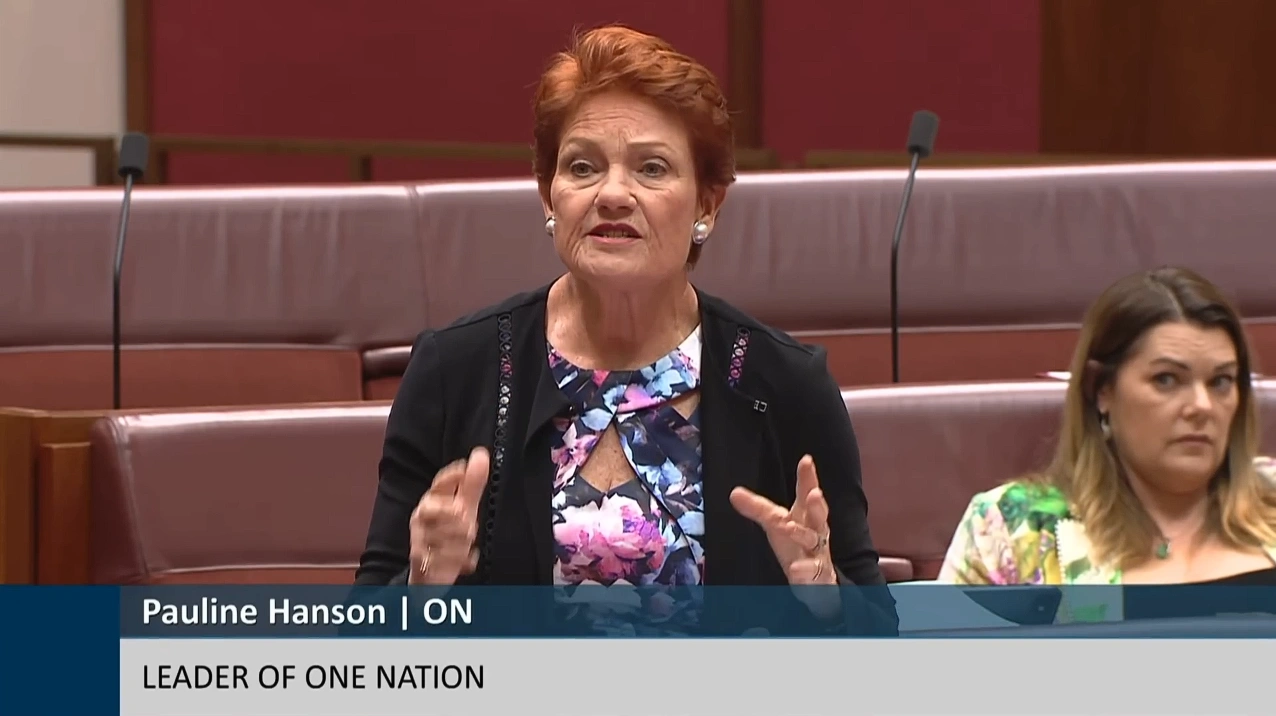 澳洲一国党参议员宝琳·汉森（Pauline Hanson）。(截图取自YouTube/Pauline Hanson's Please Explain)