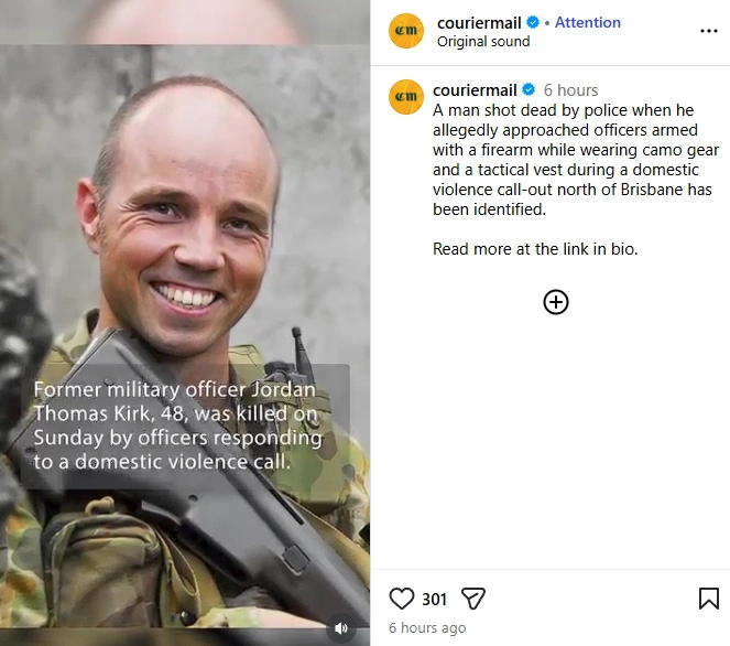 布市警员处理家暴时开枪击毙一男子。（截图取自Instagram/couriermail）