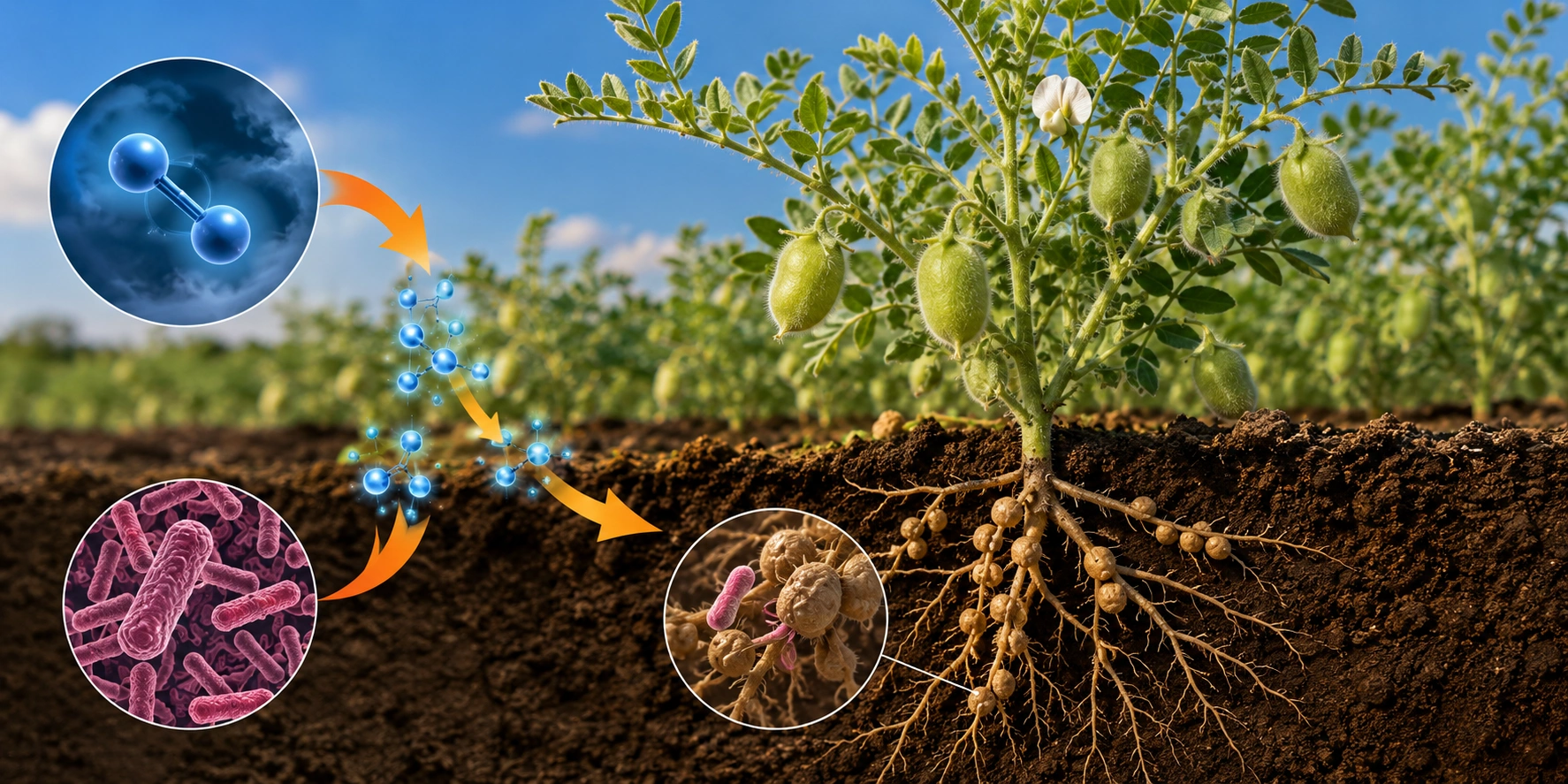 鹰嘴豆（Chickpea）依赖根瘤菌（rhizobia）转化大气中的氮气。（示意图：AI）