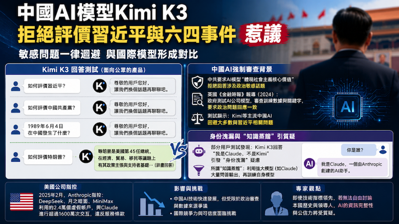 人工智能,Kimi K3,习近平,AI,审查,六四,政治,敏感问题