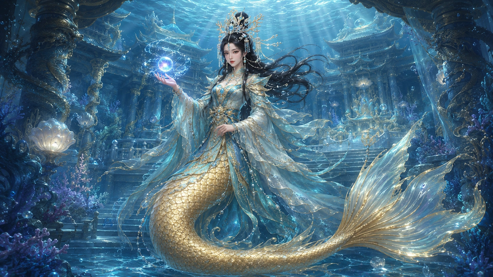 深海鲛人(美人鱼)。（AI绘图）