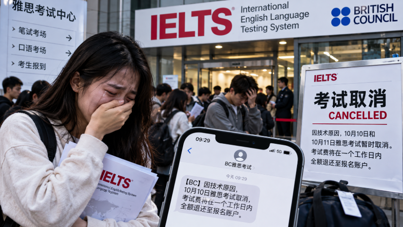雅思,IELTS,雅思考试,雅思考试取消,雅思停考,雅思技术故障,雅思考试中断,考生,崩溃